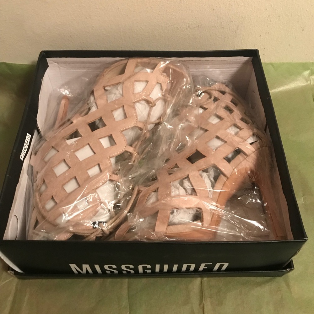 Laser Cut Lace Up Gladiator Heels - Blush Suede - Picture 1 of 8